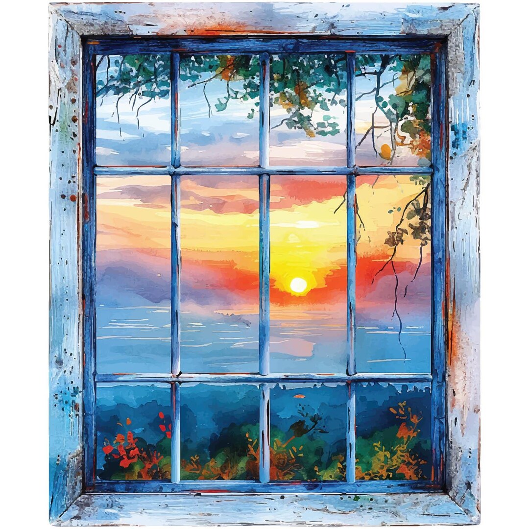 Faux Window Decal - Window Sunset, Blue Wall Stickers, Landscapes Theme ...