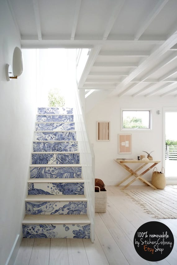10 Treppen Setzstufen, blau weisse Treppenstufen Deko, Dekostreifen Blumenmuster, dezente dekorative Tapete #8R
