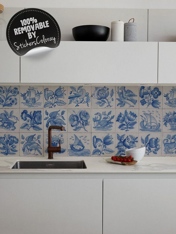 Kitchen Blue 6" Traditional Tile Transfers Stickers Ideal for Bathroom 4"t16
