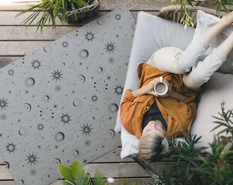 Weltraum Monde Sonnen Sterne Retro Outdoor Teppich, Weltraum Teppich, Grauer Vinyl Teppich, Veranda Teppich, Haustierfreundlicher Teppich, leicht zu reinigen
