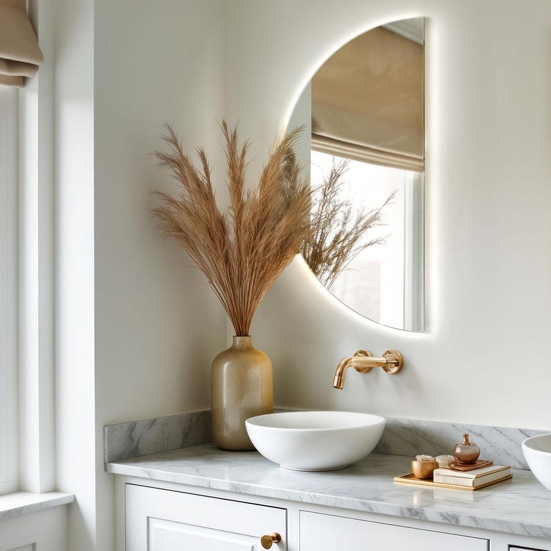 Sleek LED Mirror, Luxury Vanity Mirror, Half Round Mirror with LED backlight, Elegant Mirror with LED lights, Frameless Mirror image 4