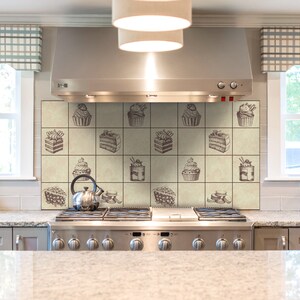 Retro oudje tegels desserts zoet gebak, vintage, vinylmat, achterwand keuken, pvc-decoratie, achterwand tegels, grijs, beige #15