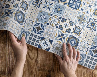 Griechische Mosaik Blau Dekorative Fliesen Outdoor Teppich, Faux Tiles Terrasse Teppich, Blau Vinyl Teppich, Veranda Teppich, Haustierfreundlicher Teppich, Leicht zu Reinigen