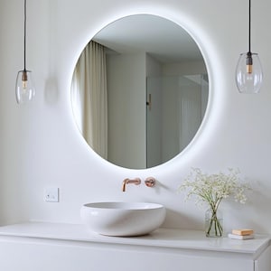 Large Round LED Mirror, Sleek Vanity Mirror, Bathroom Mirror with Light, Small Mirror with LED backlight, Frameless Mirror