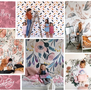 May include: A collage of images showcasing floral and leaf-patterned wallpaper designs. One image features a woman and two children near a ladder, with a wallpaper background of leaves in various colors. Other images show floral wallpaper in bedrooms.