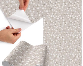 Floral Pattern Peel And Stick Foil, Beige And White Self-Adhesive Furniture Wrap, Vintage Sticker, Pattern Veneer
