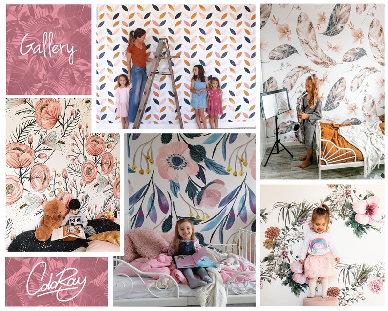 May include: A collage of images featuring different floral wallpaper designs. The designs include pink and white flowers, leaves, and geometric patterns. The text "Gallery" and "Old Ray" are featured in the collage.
