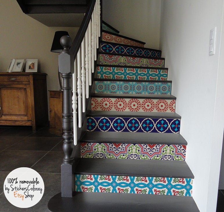 10 step stair riser decal, vibrant colorful decorative tiles stair sticker, removable stair riser decor strip, peel & stick stair riser #27R