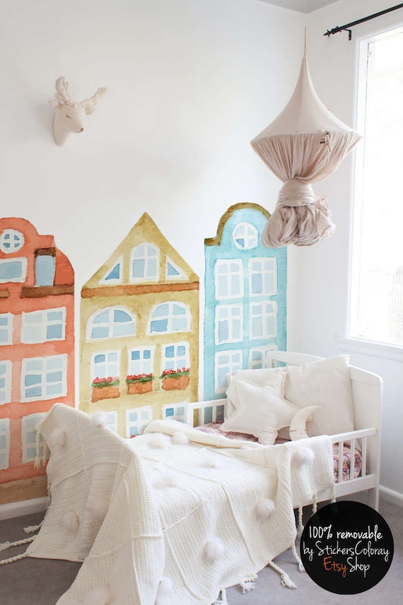 Houses repositionable wall decal town reusable wall decor Etsy