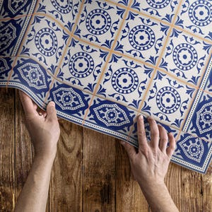 Greek Tiles Decorative Mosaic Rug For Living Room, Tiles And Tiles Vinyl Floor Mat, Blue Living Room Rug, Easy To Clean Rug, Waterproof Rug