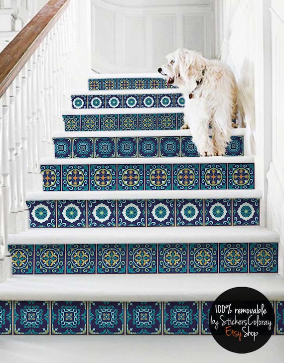 10 step stair riser decal, navy white yellow decorative tiles stair sticker, removable stair riser decor strip, peel & stick stair riser #3R