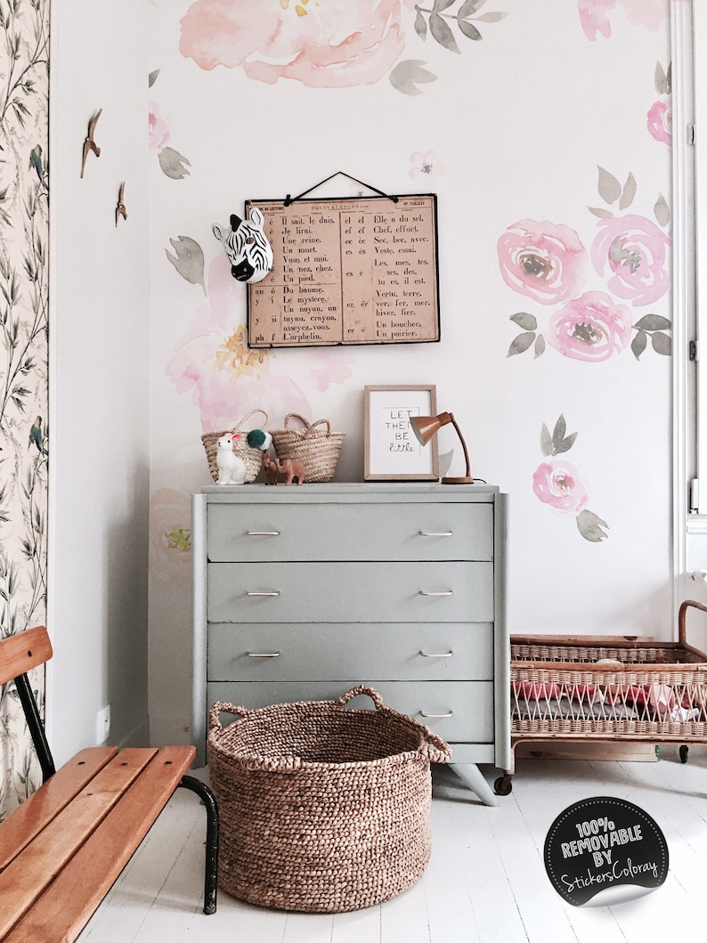 Vintage Fl Vinyl Set Watercolor Flowers Wall Decals Blooming Roses Decor Pink Flower Stickers Nursery 21w