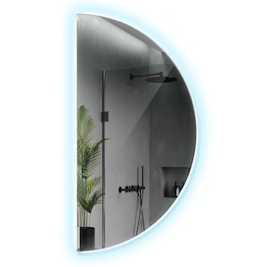 May include: A half-round bathroom mirror with a light blue halo around the edge. The mirror reflects a modern bathroom with a shower and a plant.