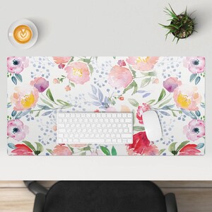 Floral watercolor pattern Desk Mat, Multicolored Desk Pad, PVC Table Protector, Flowers And Plants Desk Cover, Computer Decoration