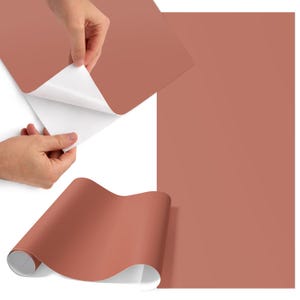 Peut inclure: Un rouleau de vinyle couleur terre cuite avec un dos blanc est partiellement déroulé, révélant le côté adhésif. Une feuille de vinyle de la même couleur est décollée, montrant le dos blanc. Le fond est de couleur terre cuite unie.