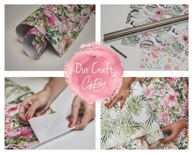 May include: A close-up of a person's hands working with floral patterned wrapping paper. The paper has a white background with pink and green flowers. The text "Our Craft Add Ray" is written in pink on a pink watercolor background.