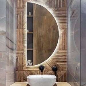 Sleek LED Mirror, Luxury Vanity Mirror, Half Round Mirror with LED backlight, Elegant Mirror with LED lights, Frameless Mirror