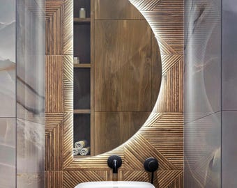 Schlanker LED-Spiegel, Luxus-Kosmetikspiegel, halbrunder Spiegel mit LED-Hintergrundbeleuchtung, eleganter Spiegel mit LED-Leuchten, rahmenloser Spiegel