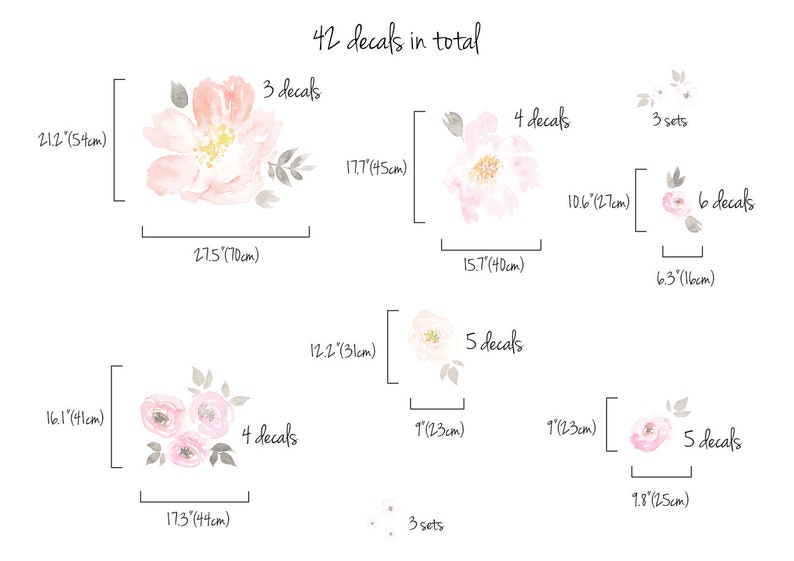 vintage floral vinyl set, watercolor flowers wall decals, blooming roses wall decor, pink flower wall stickers, nursery decals set 21W image 6