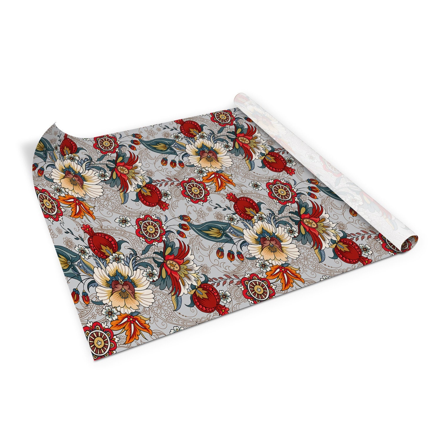 Folk Pattern Flowers Veneer Sheets, Self Adhesive Foil, Size 39.8x19.7 inch / 100x50 cm, Table Sticker, Waterproof Sticker