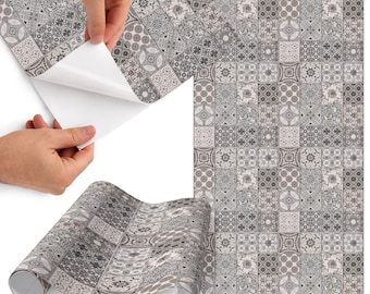 Pellicola adesiva effetto mosaico retrò, adesivo per mobili autoadesivo grigio e beige, impiallacciatura vintage, decalcomania geometrica