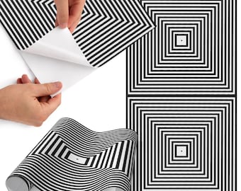 Squares Illusion Peel And Stick Veneer, Black And White Self-Adhesive Furniture Decal, Geometric Foil, Pattern Wrap
