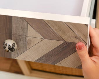 Wooden Puzzle Peel And Stick Decal, Brown And Beige Self-Adhesive Furniture Foil, Geometric Wrap, Pattern Sticker