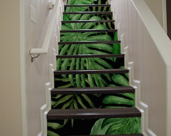 10 step stair riser decal, watercolor monstera and banana leaves stair sticker, tropical removable stair decor strip, peel & stick #20R