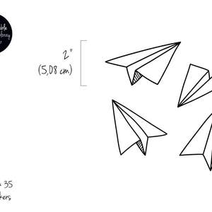 May include: Set of four black and white paper airplane stickers, each measuring 2 inches (5.08 cm). The stickers are 100% removable and come in a set of 35, totaling 140 stickers.