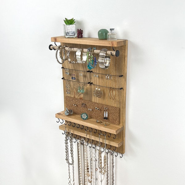 Platzsparender vertikaler Schmuck-Organizer, Wandhalterung aus Treibholz – Halter für Halsketten, Armbänder, Ohrringe