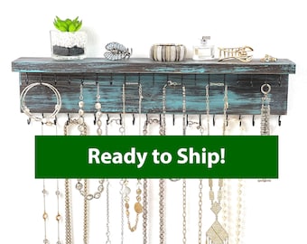 Jewelry Organizer Wall Mounted, Necklace Bracelet Holder, Teal/Brown Distressed