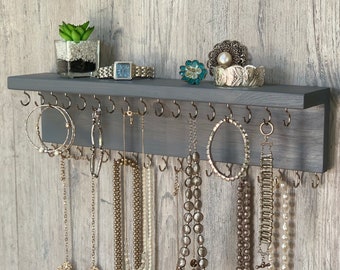 Jewelry Organizer Wall Mounted, Necklace Bracelet Holder, Rustic Gray