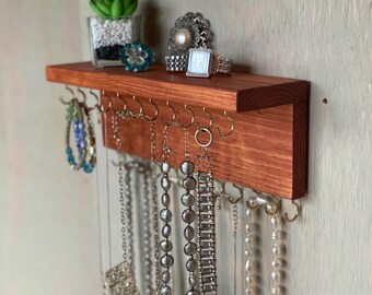 Jewelry Organizer Wall Mounted, Necklace Bracelet Holder, Rustic Cherry