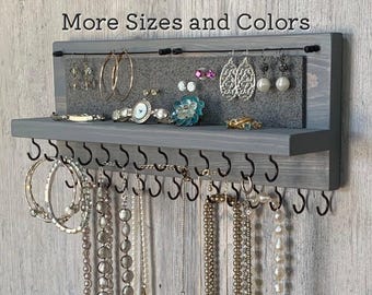 Rustic Gray Jewelry Organizer Wall Mount: Necklace, Earring & Bracelet Holder