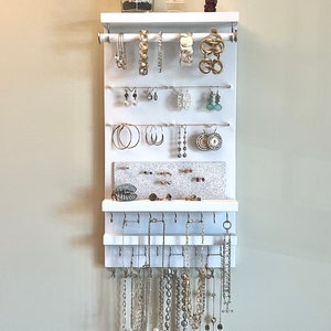 Space-Saving Vertical Jewelry Organizer Wall Mount Solid White - Necklaces Bracelets Earrings Holder