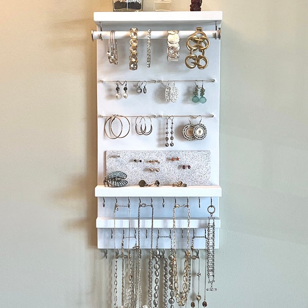 Space-Saving Vertical Jewelry Organizer Wall Mount Solid White - Necklaces Bracelets Earrings Holder