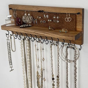 Jewelry Organizer Wall Mount | Necklace Holder | Earring Holder | Bracelet Holder | Walnut Brown