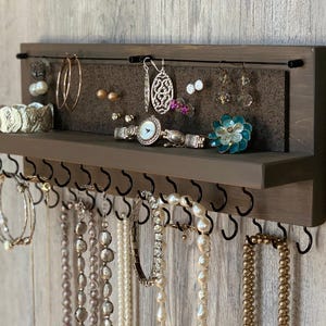 Jewelry Organizer Wall Mounted, Necklace Bracelet Earring Holder, Rustic Smokey Brown