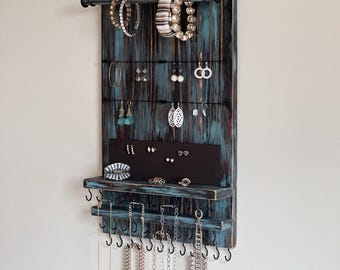 Space-Saving Vertical Jewelry Organizer Wall Mount Distressed Teal/Brown - Necklaces Bracelets Earrings Holder