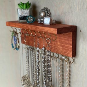 Jewelry Organizer Wall Mounted, Necklace Bracelet Holder, Rustic Cherry