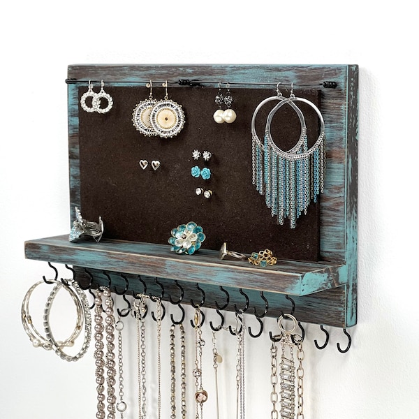 Jewelry Organizer Wall Mounted, Necklace Bracelet Earring Holder, XL Distressed Teal/Brown