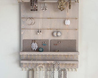 Wall Mount Large Pale Gray Washed Jewelry Organizer for Necklaces, Bracelets, Earrings
