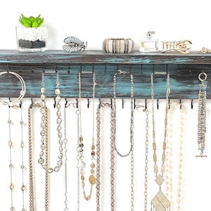 Jewelry Organizer Wall Mounted, Necklace Bracelet Holder, Teal/Brown Distressed