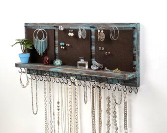Jewelry Organizer Wall Mounted, Necklace Bracelet Earring Holder, XL Distressed Teal/Brown