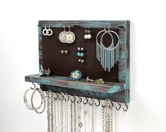 Jewelry Organizer Wall Mounted, Necklace Bracelet Earring Holder, XL Distressed Teal/Brown