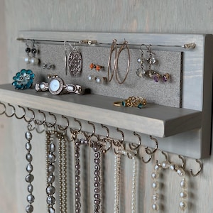 Jewelry Organizer Wall Mounted, Necklace Bracelet Earring Holder, Rustic Pale Gray