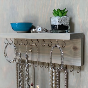Jewelry Organizer Wall Mounted, Necklace Bracelet Holder, Rustic Pale Gray