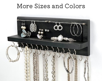 Rustic Black Wall Mount Jewelry Organizer: Necklace, Earring & Bracelet Holder