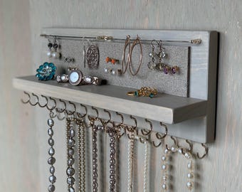 Portagioielli da parete, porta collane, braccialetti e orecchini, grigio chiaro rustico