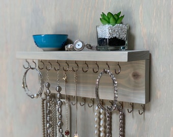 Jewelry Organizer Wall Mounted, Necklace Bracelet Holder, Rustic Pale Gray